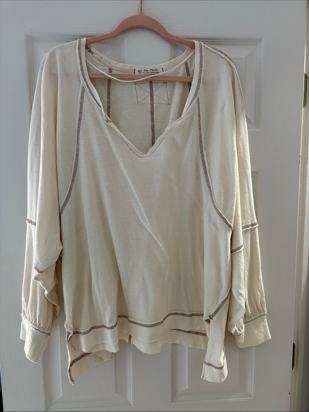 Free People Cream V-Neck Contrast Stitch Long Sleeve Top